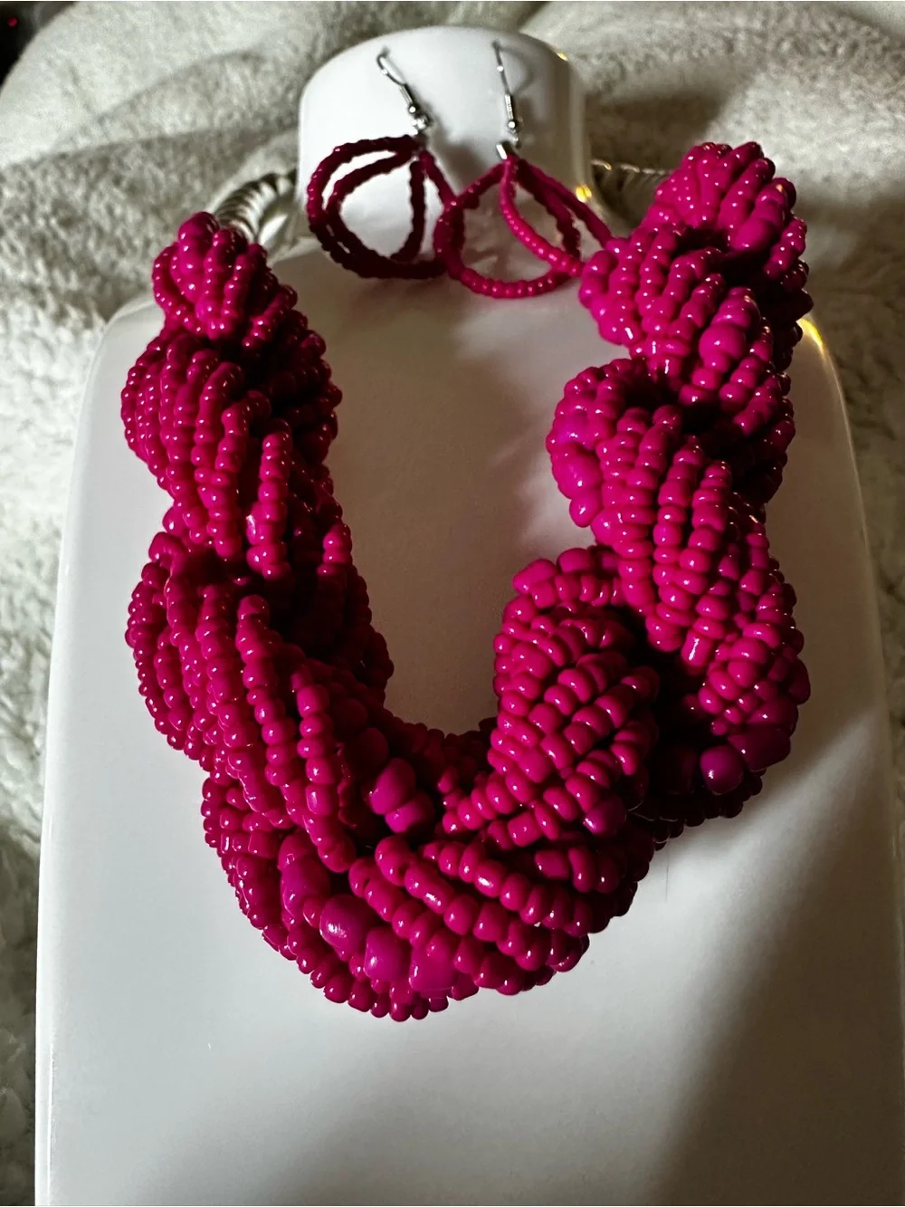 Handcrafted Hot Pink Beaded Necklace & Earrings Set